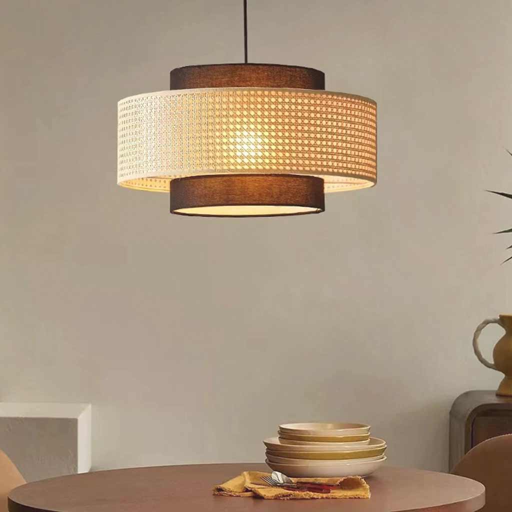 Suspension ronde en rotin et tissu, naturelle, style japandi, double abat-jour, pour salle à manger et salon, éclairage LED moderne | Sansoti