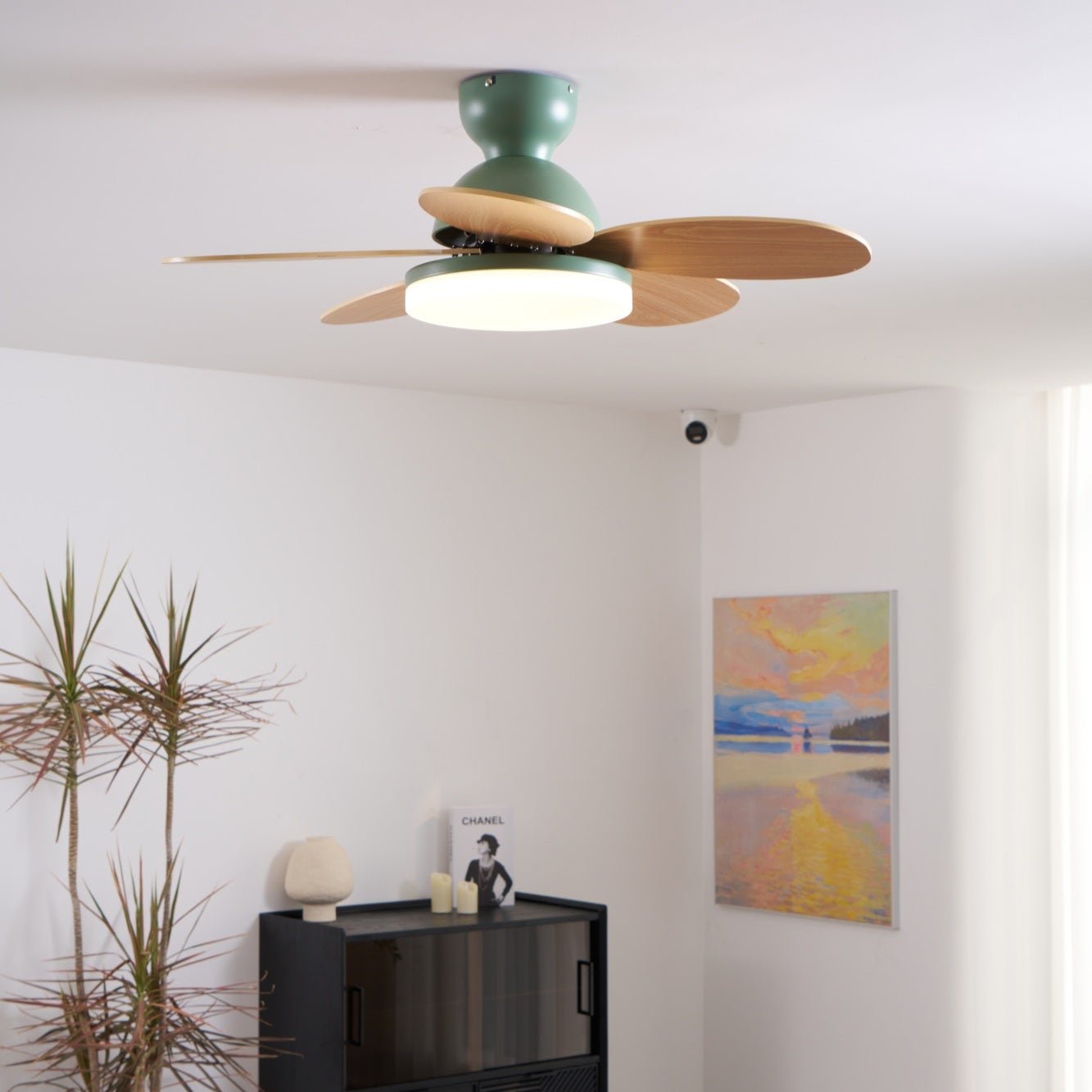 Liora Ceiling Fan with Lighting and Colored Glass Leaves for Children's Room – Modern Ceiling Fan with LED and Remote Control – Adjustable Speed Ceiling Fan with Light in Multiple Color Variants | Sansoti