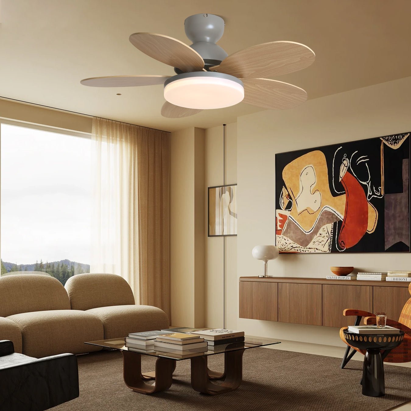 Liora Ceiling Fan with Lighting and Colored Glass Leaves for Children's Room – Modern Ceiling Fan with LED and Remote Control – Adjustable Speed Ceiling Fan with Light in Multiple Color Variants | Sansoti
