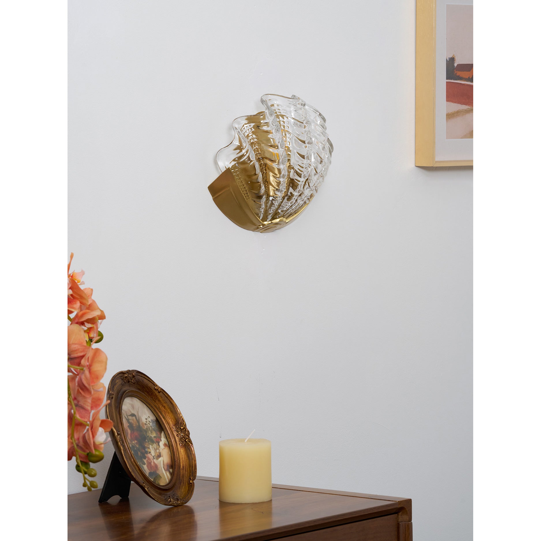 Glazen Wandlamp Schelp Design Messing & Glas Luxe Afwerking voor Gang en Slaapkamer | Sansoti