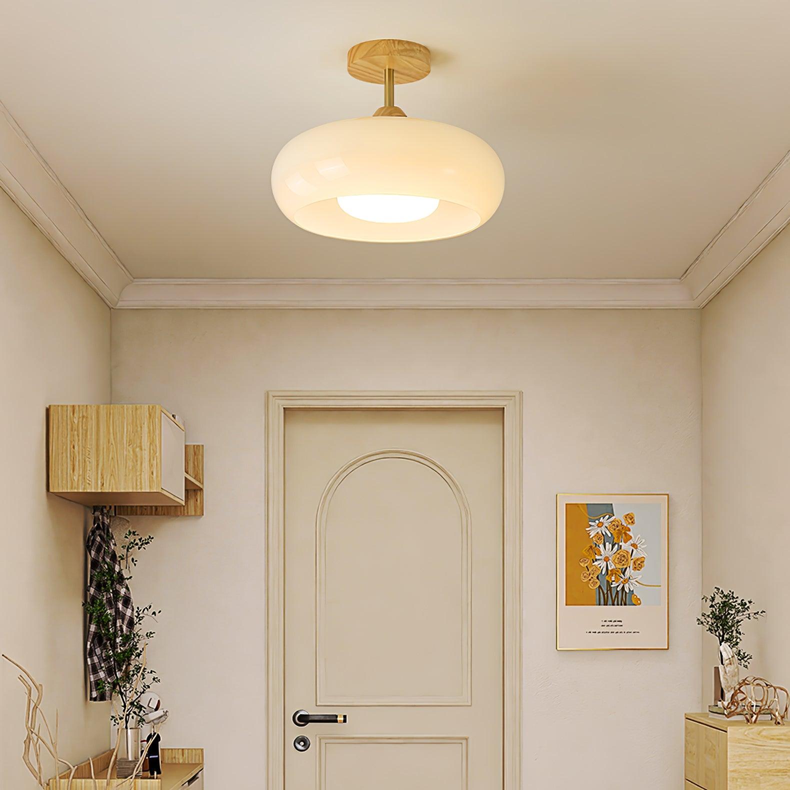 Vintage Bauhaus Plafondlamp met Glazen Schijf – Natuurlijk Houten Frame in Oranje of Wit – Ø28cm Verlichting voor Mid-Century Modern Interieur | Sansoti