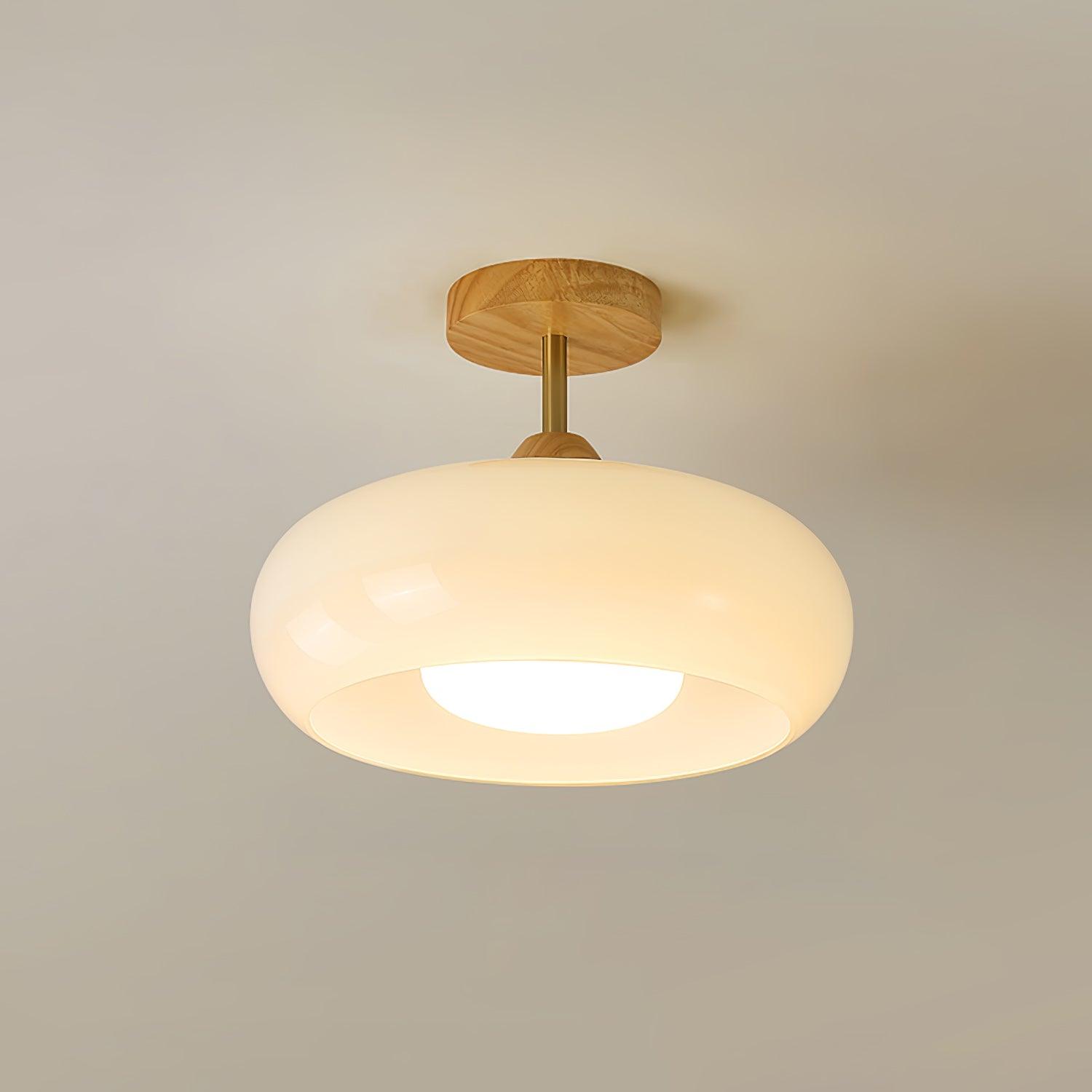 Vintage Bauhaus Plafondlamp met Glazen Schijf – Natuurlijk Houten Frame in Oranje of Wit – Ø28cm Verlichting voor Mid-Century Modern Interieur | Sansoti