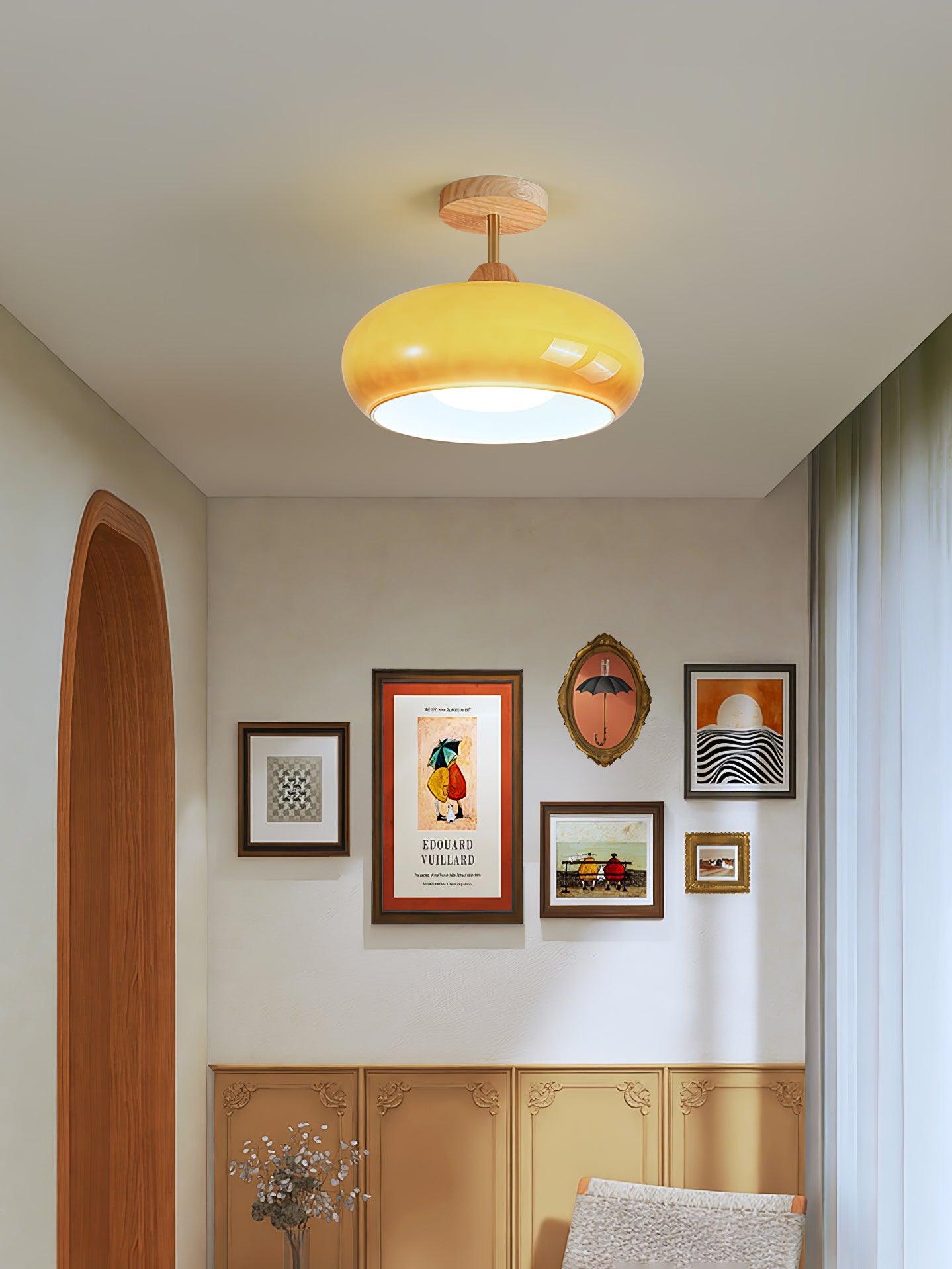 Vintage Bauhaus Plafondlamp met Glazen Schijf – Natuurlijk Houten Frame in Oranje of Wit – Ø28cm Verlichting voor Mid-Century Modern Interieur | Sansoti