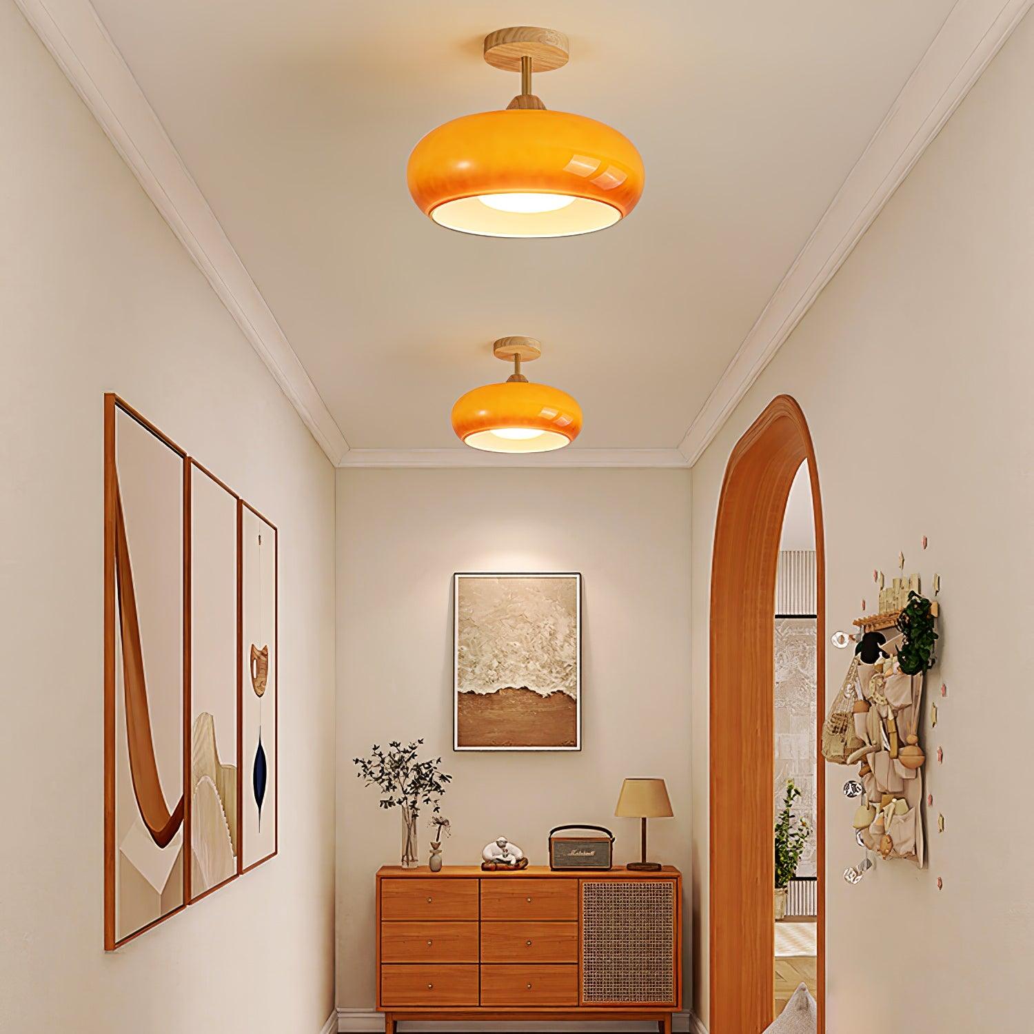 Vintage Bauhaus Plafondlamp met Glazen Schijf – Natuurlijk Houten Frame in Oranje of Wit – Ø28cm Verlichting voor Mid-Century Modern Interieur | Sansoti