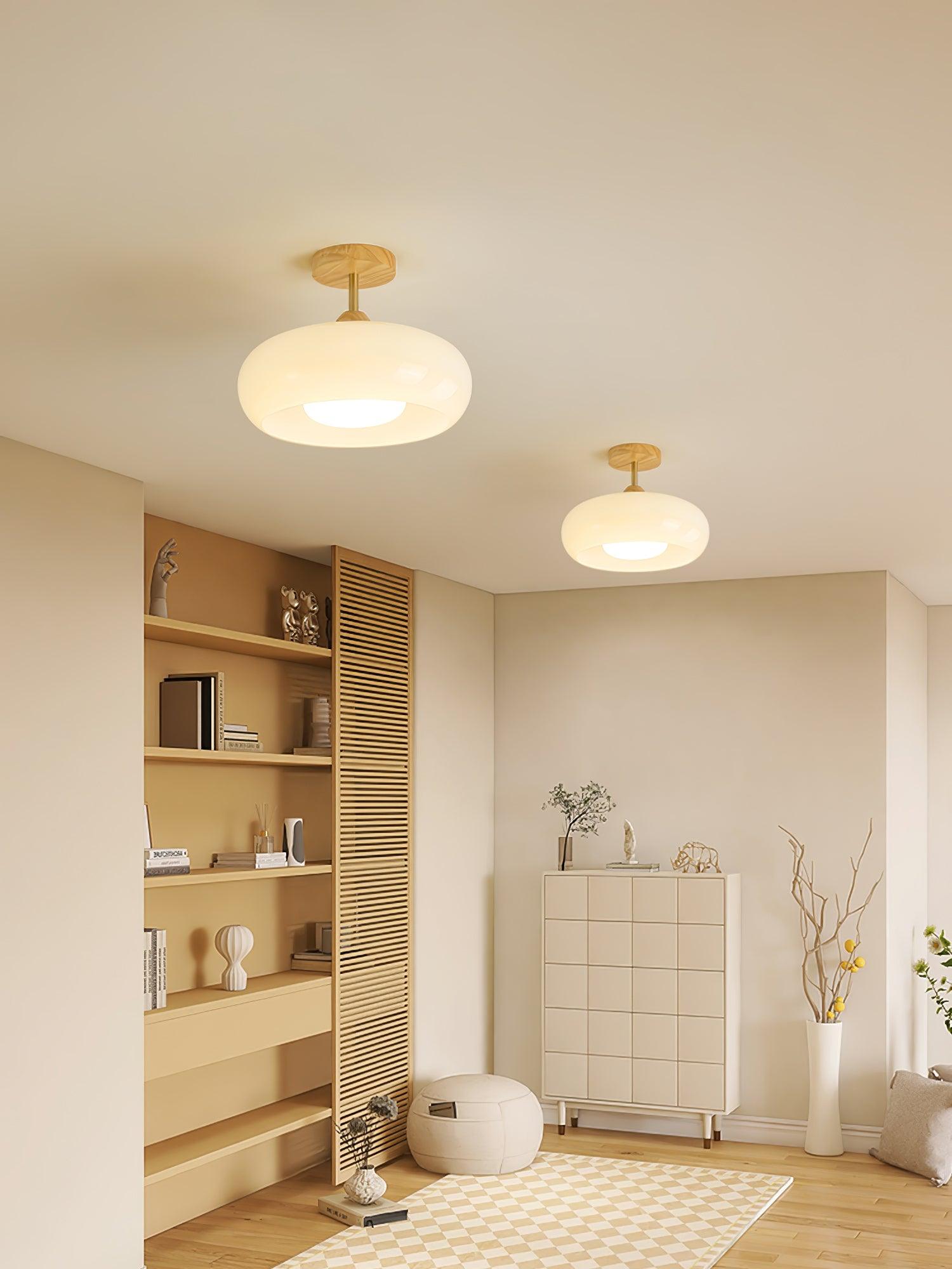 Vintage Bauhaus Plafondlamp met Glazen Schijf – Natuurlijk Houten Frame in Oranje of Wit – Ø28cm Verlichting voor Mid-Century Modern Interieur | Sansoti