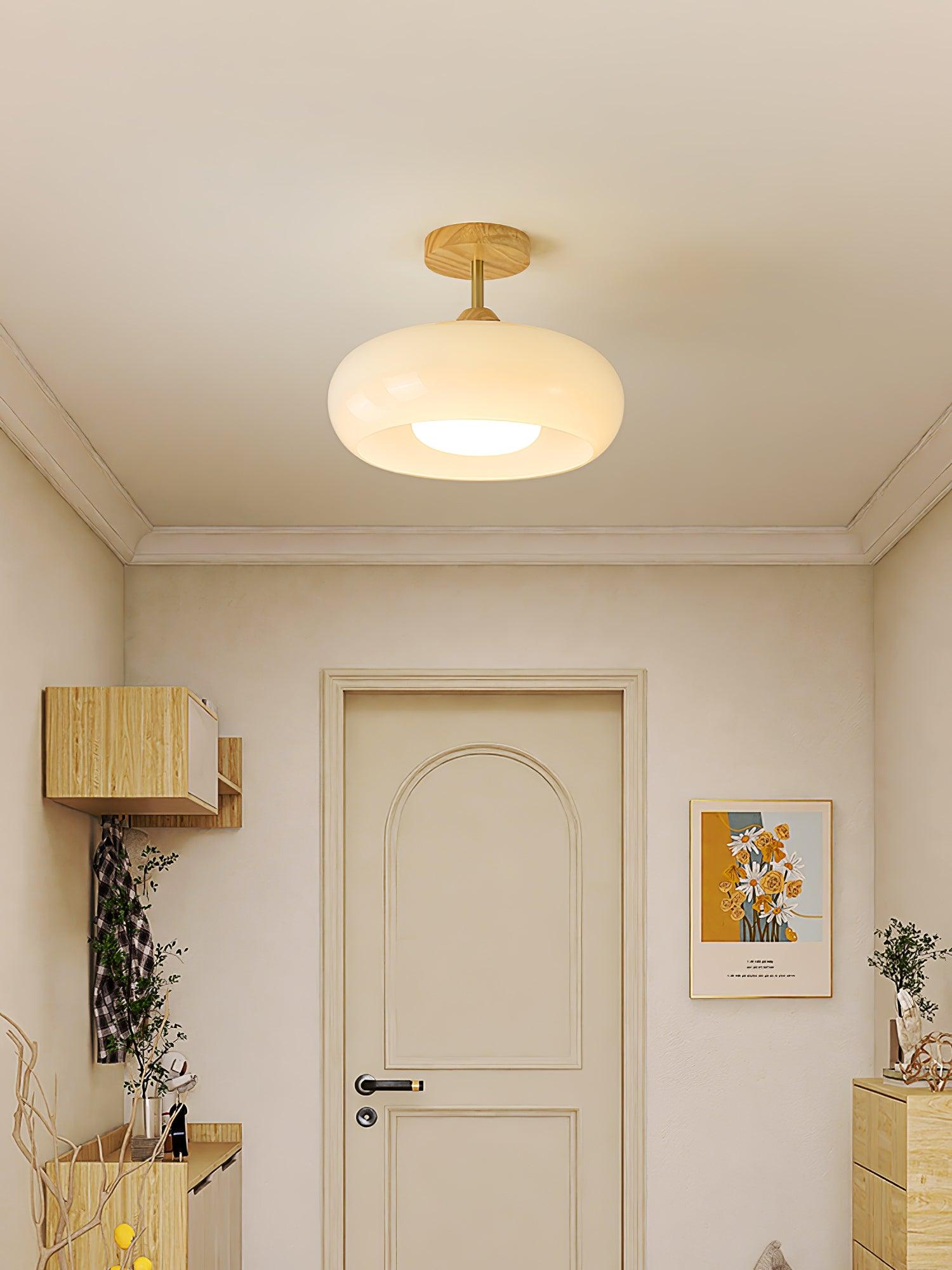 Vintage Bauhaus Plafondlamp met Glazen Schijf – Natuurlijk Houten Frame in Oranje of Wit – Ø28cm Verlichting voor Mid-Century Modern Interieur | Sansoti