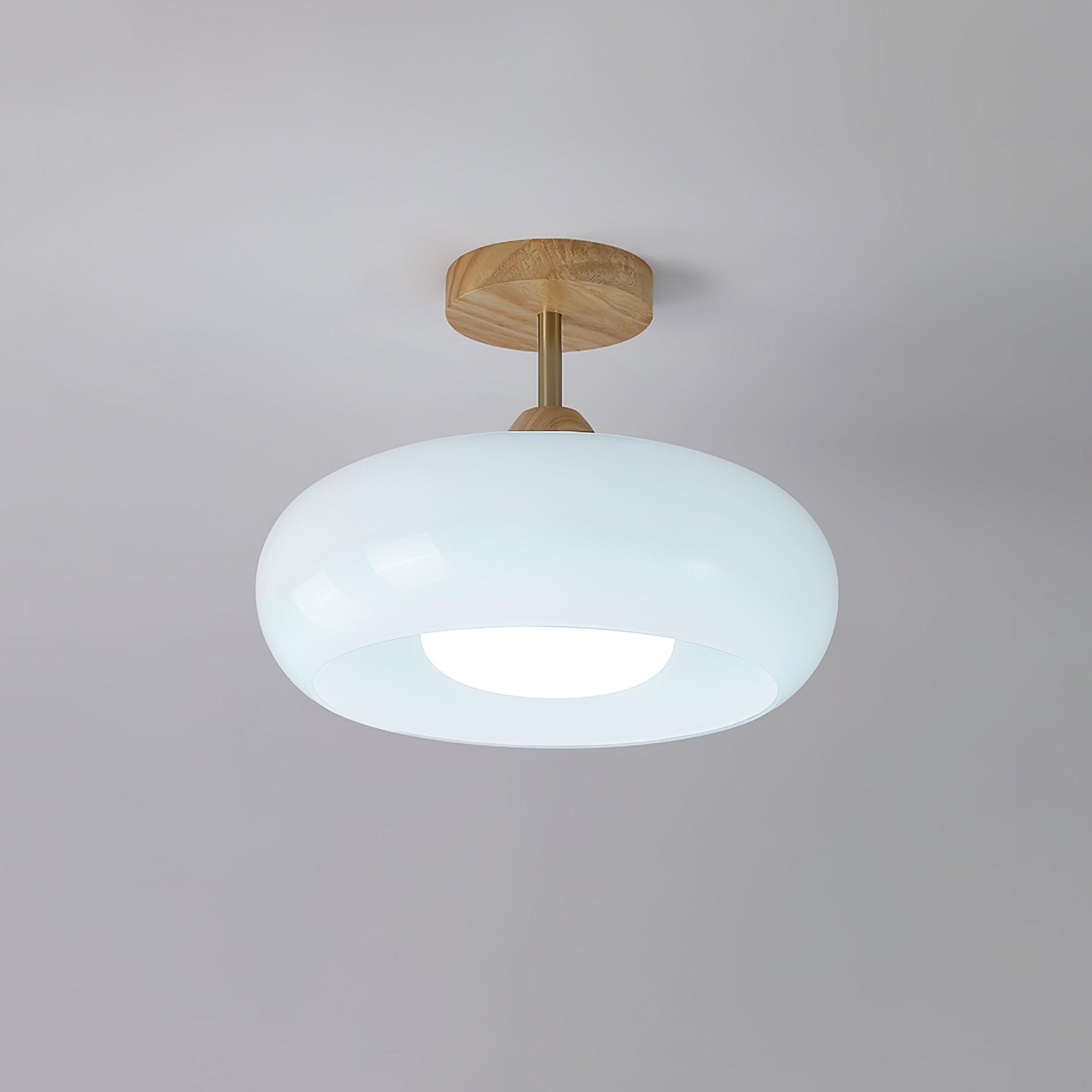 Vintage Bauhaus Plafondlamp met Glazen Schijf – Natuurlijk Houten Frame in Oranje of Wit – Ø28cm Verlichting voor Mid-Century Modern Interieur | Sansoti