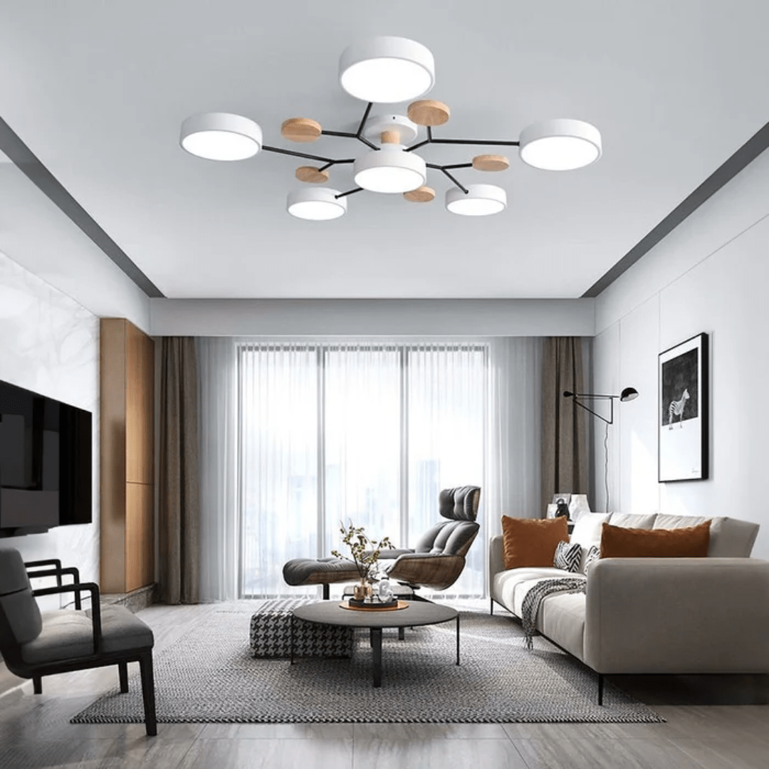 Runde LED-Deckenleuchte Holz Metall Modernes minimalistisches Design 89cm Warmweiß Beleuchtung Wohnzimmer Schlafzimmer | Sansoti