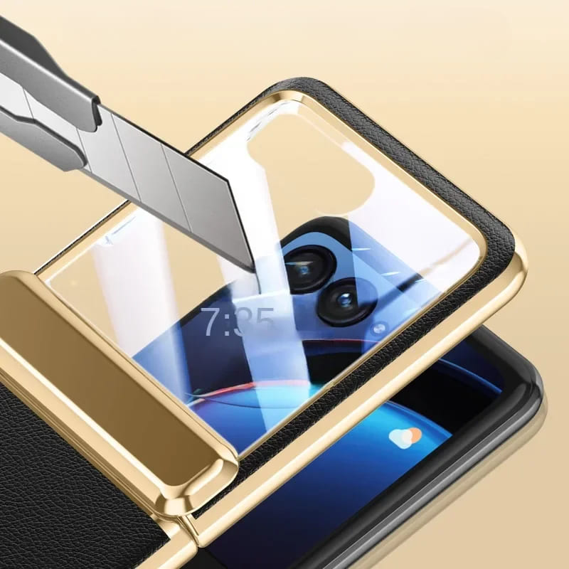 Kunstleren beschermhoes voor opvouwbare smartphone met gehard glas verchroomde afwerking en volledige bescherming | Sansoti