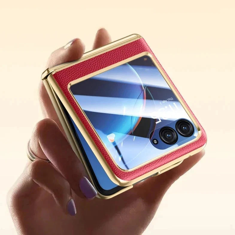 Kunstleren beschermhoes voor opvouwbare smartphone met gehard glas verchroomde afwerking en volledige bescherming | Sansoti