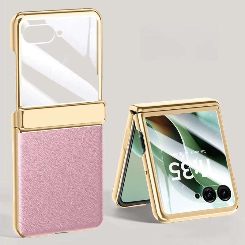 Kunstleren beschermhoes voor opvouwbare smartphone met gehard glas verchroomde afwerking en volledige bescherming | Sansoti