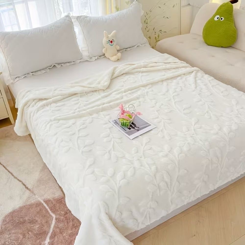 Plaid en polaire à motif de feuilles en relief, couverture en microfibre pour lit ou canapé, motif brodé, douce, légère, chaude et confortable | Sansoti