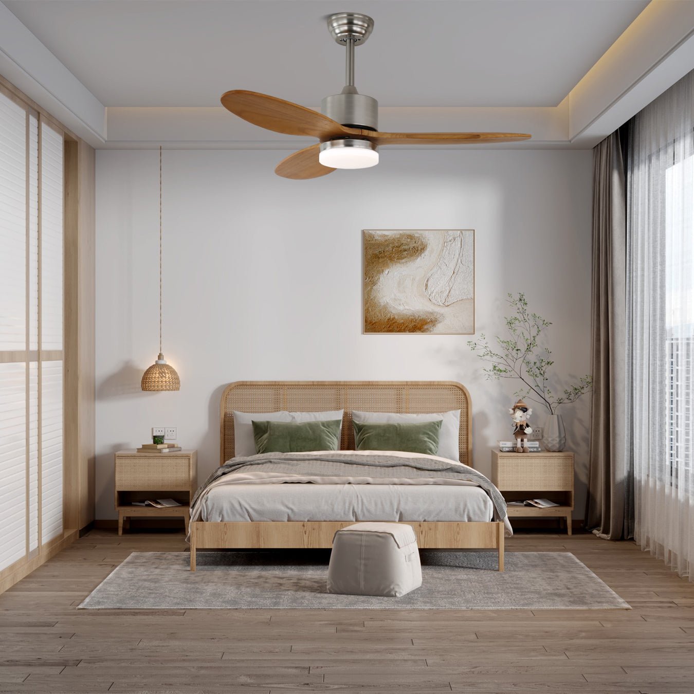 Ventilateur de plafond Elara avec éclairage — Design minimaliste avec pales en bois pour un flux d'air optimal | Sansoti