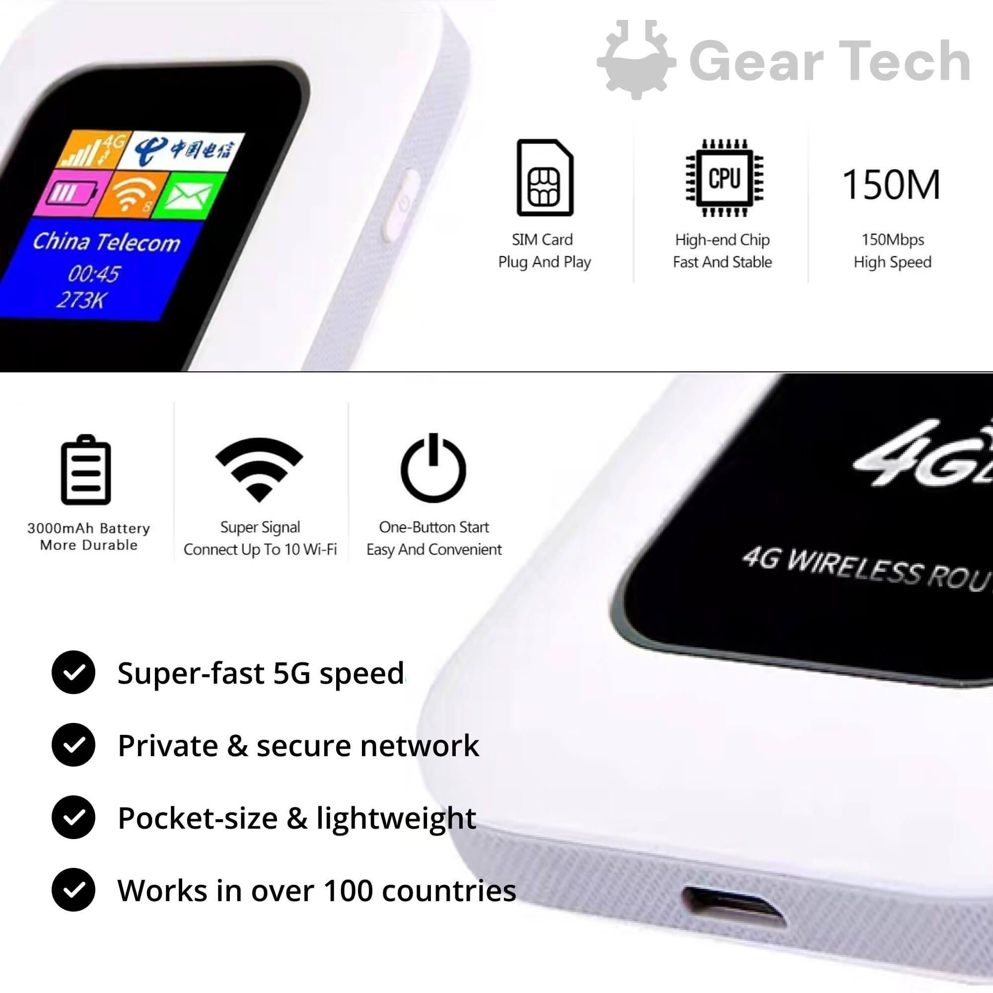 Draagbare 4G 5G WiFi Router 150Mbps voor 10 Apparaten Oplaadbaar 2100mAh Accu Plug and Play SIM Mobiel | Sansoti