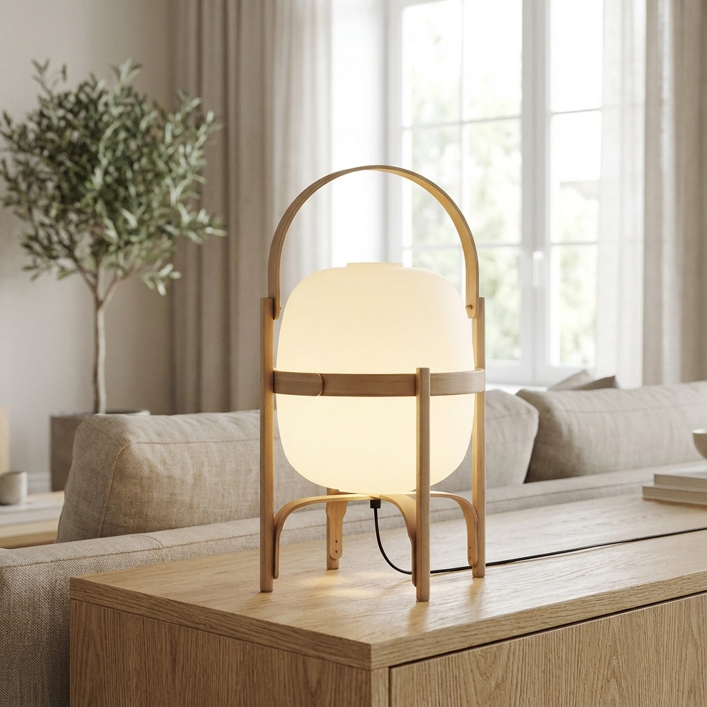 Tafellamp Hout Opaal Glas E14 Naturel Woonkamer Slaapkamer Vloerlamp Draagbaar Scandinavisch Sfeerverlichting 3 Maten | Sansoti