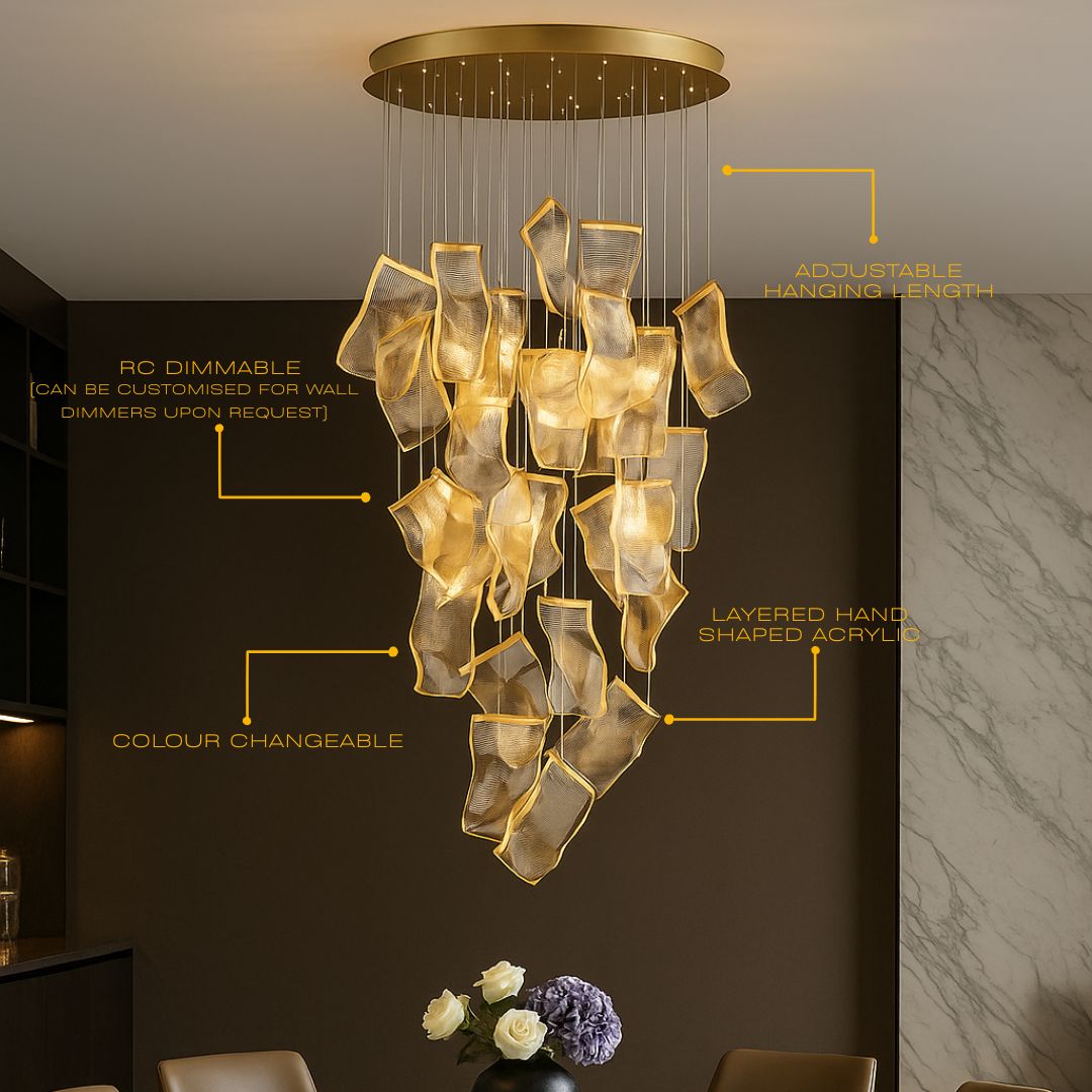 Moderne Design-Kronleuchter mit geschichteten Acryl-Blättern und verstellbarer Höhe | Restfield