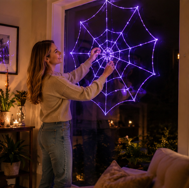 Gigantisch Spinnenweb met LED Paarse Verlichting 360 cm Diameter Halloween Decoratie Binnen Buiten Feest | Sansoti
