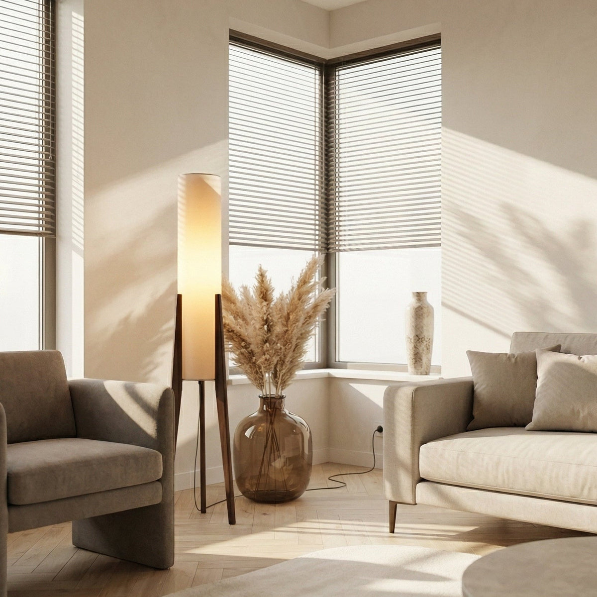 Staande Vloerlamp Notenhout met Linnen Kap en LED-Verlichting voor Sfeervolle Woonkamer en Slaapkamer | Sansoti