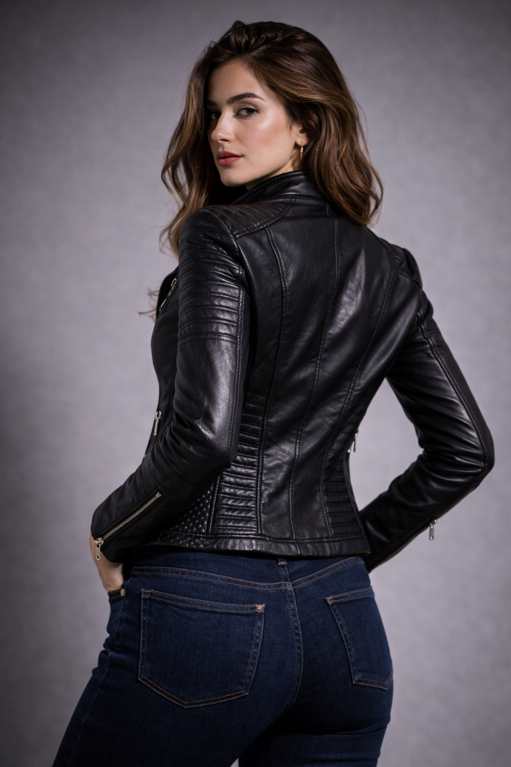 Women's Leather Motorcycle Jacket with Asymmetrical Zipper, Quilted Sleeves, Urban Biker Jacket, Vintage Look, Classic Design | Sansoti