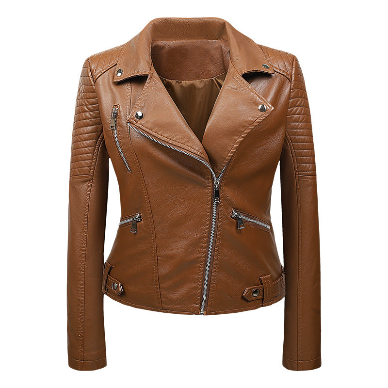 Women's Leather Motorcycle Jacket with Asymmetrical Zipper, Quilted Sleeves, Urban Biker Jacket, Vintage Look, Classic Design | Sansoti
