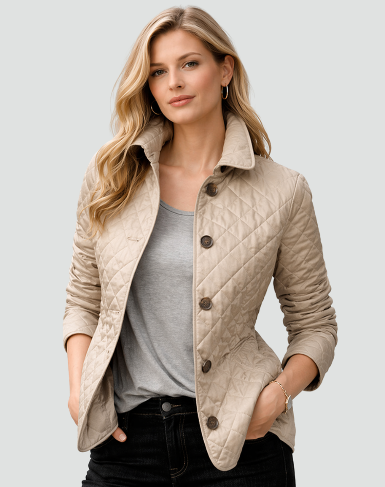 Quilted Women's Jacket with Button Closure and Diamond Stitching - Tailored Silhouette for Casual and Smart-Casual Looks | Sansoti