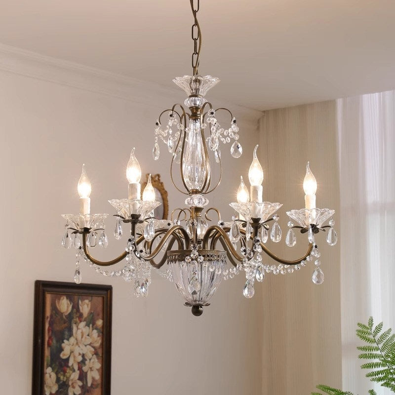 Lustre en cristal avec abat-jour en verre, fer doré, candélabre réglable et à intensité variable, moderne, pour salle à manger et salon | Sansoti