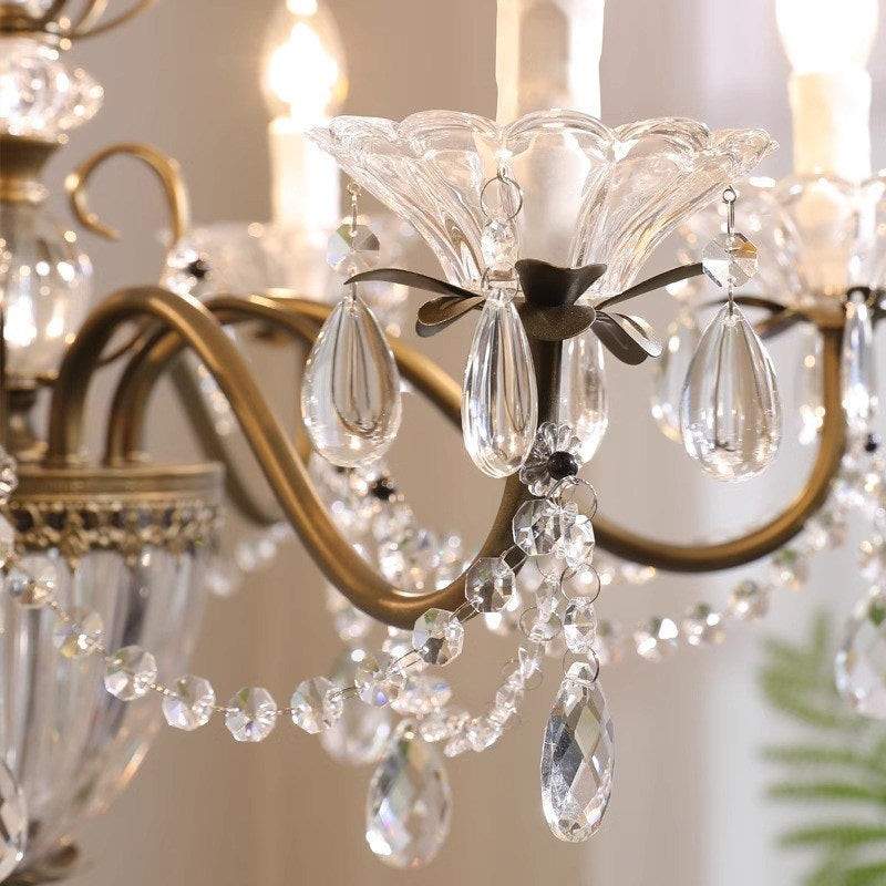 Lustre en cristal avec abat-jour en verre, fer doré, candélabre réglable et à intensité variable, moderne, pour salle à manger et salon | Sansoti