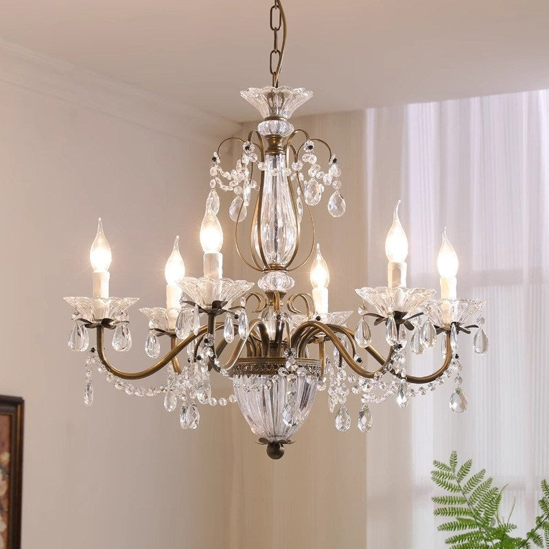Lustre en cristal avec abat-jour en verre, fer doré, candélabre réglable et à intensité variable, moderne, pour salle à manger et salon | Sansoti