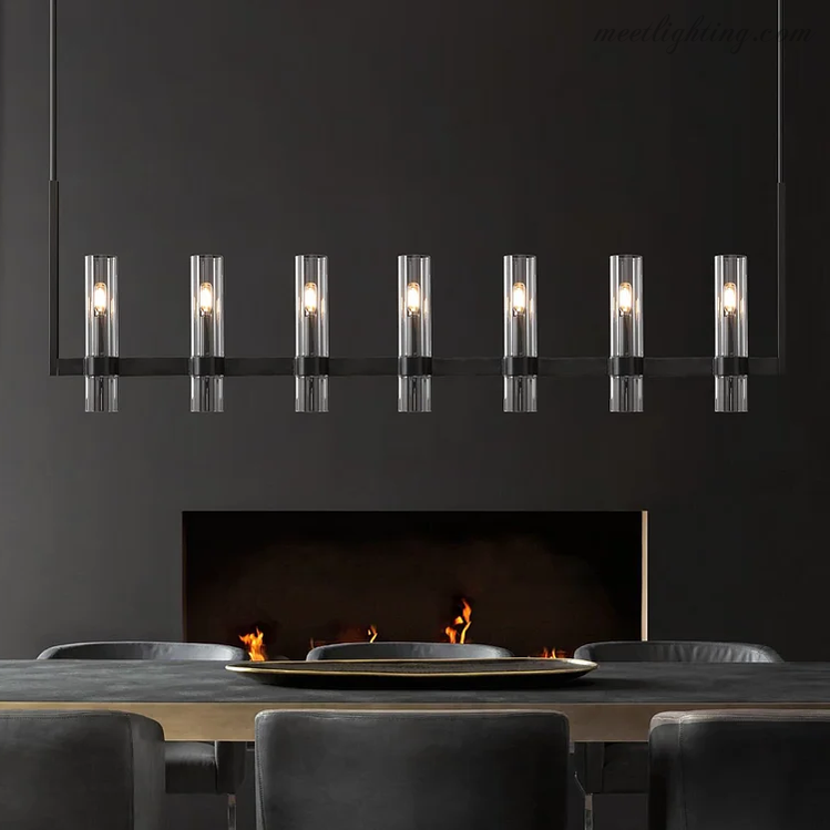 Suspension moderne en verre à 7 lumières, 149 cm, acier et aluminium, pour table à manger et salon, réglable en intensité et ajustable, design industriel | Sansoti