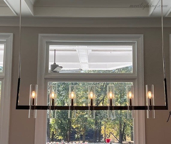 Suspension moderne en verre à 7 lumières, 149 cm, acier et aluminium, pour table à manger et salon, réglable en intensité et ajustable, design industriel | Sansoti