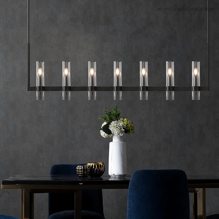 Suspension moderne en verre à 7 lumières, 149 cm, acier et aluminium, pour table à manger et salon, réglable en intensité et ajustable, design industriel | Sansoti