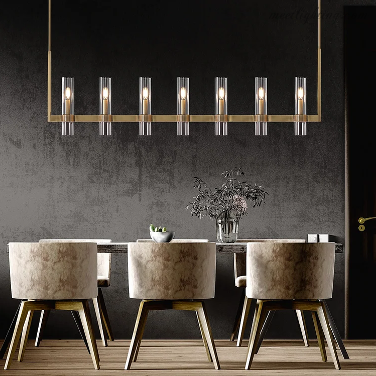 Suspension moderne en verre à 7 lumières, 149 cm, acier et aluminium, pour table à manger et salon, réglable en intensité et ajustable, design industriel | Sansoti