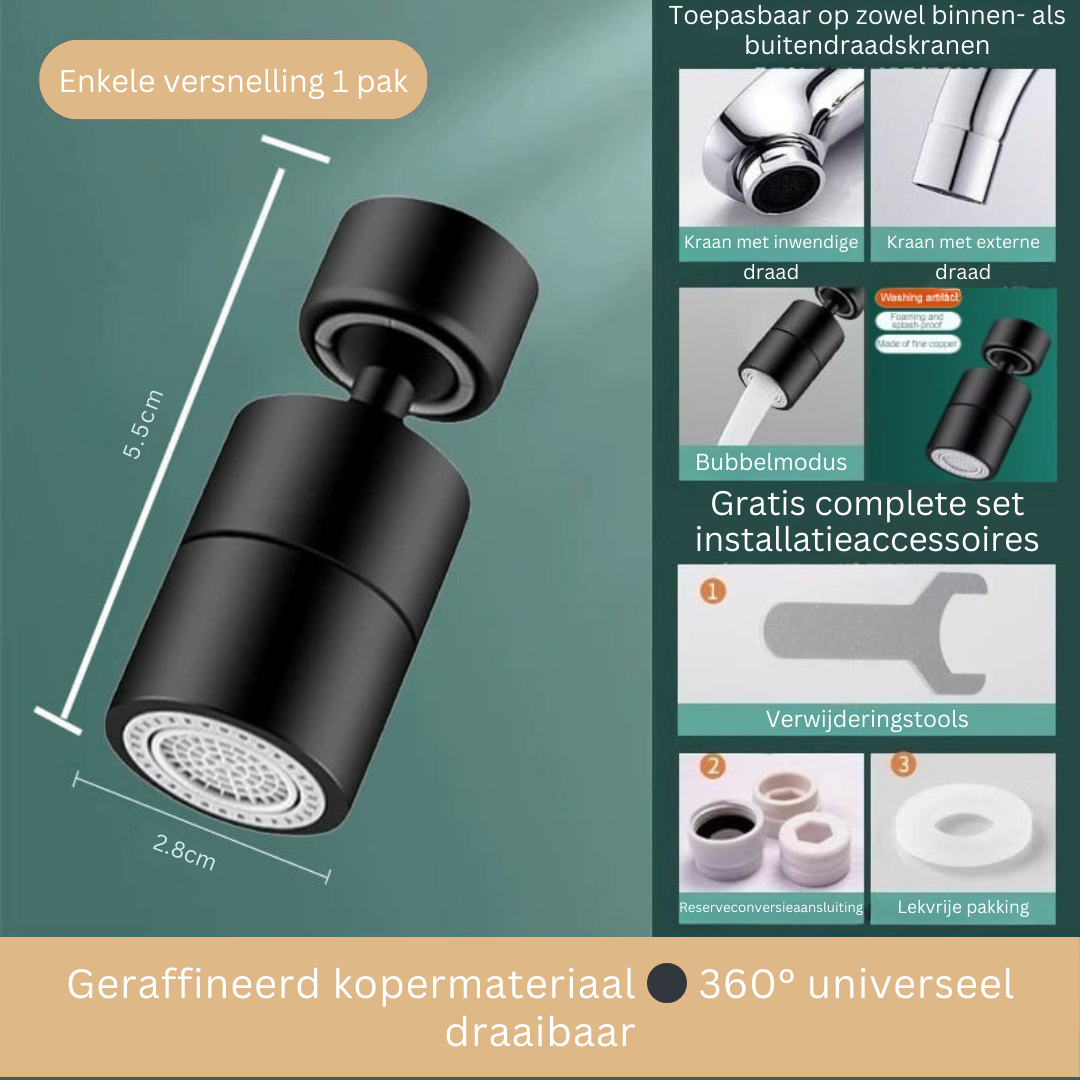 Kraan Spuitmond met 720° Draaibare Kop – Spatvrij Sproeikop met Anti-Spetter Technologie en Dubbele Waterstraal voor Keuken en Badkamer | Sansoti