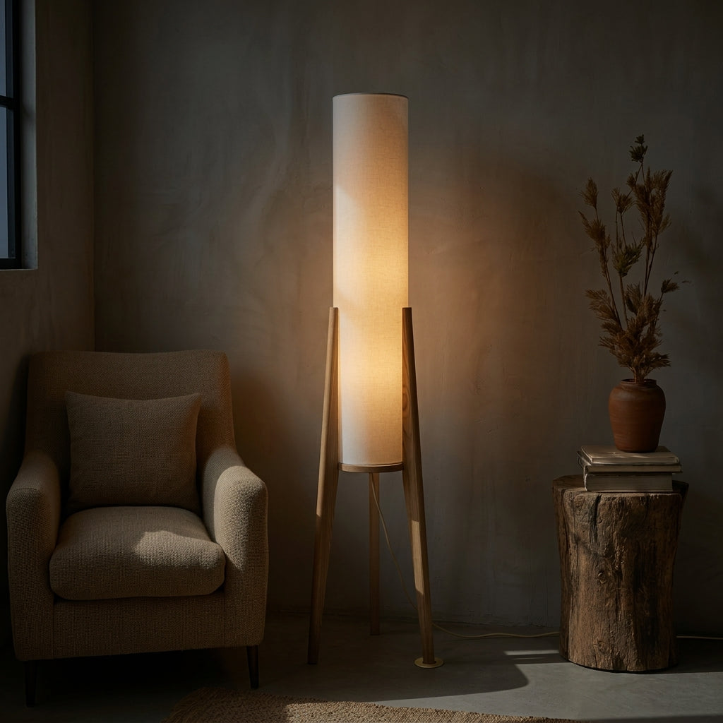 Staande Vloerlamp Notenhout met Linnen Kap en LED-Verlichting voor Sfeervolle Woonkamer en Slaapkamer | Sansoti