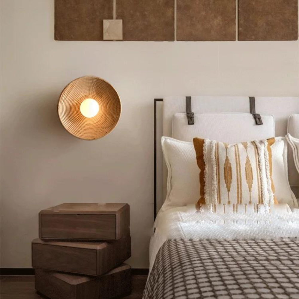 Japandi Wandlamp Hout Glas Rond Retro Vintage 27cm Woonkamer Slaapkamer Hal | Sansoti