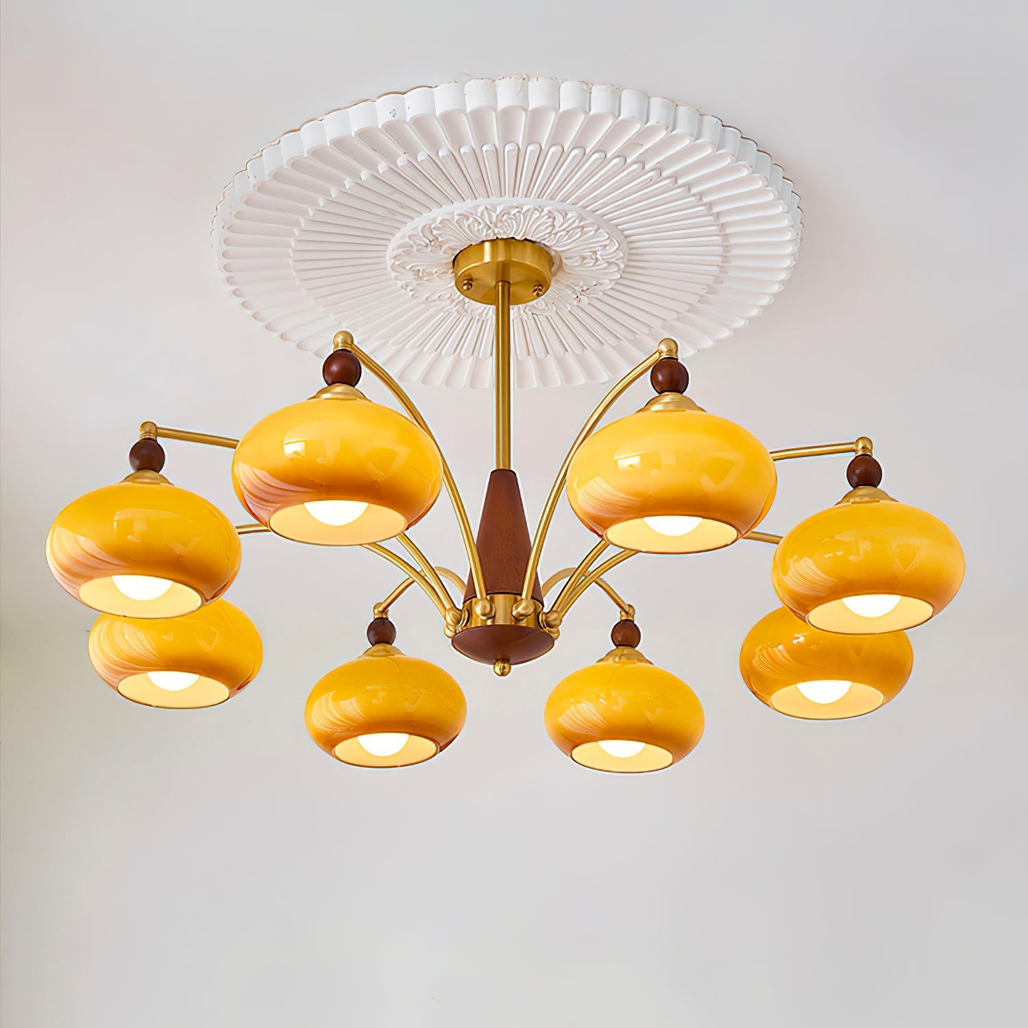 Retro Calliope Kroonluchter – Metalen Hanglamp met Glazen Kappen – 3, 5 of 8 Lichtpunten – Klassiek Vintage Design voor Eetkamer en Woonkamer | Sansoti