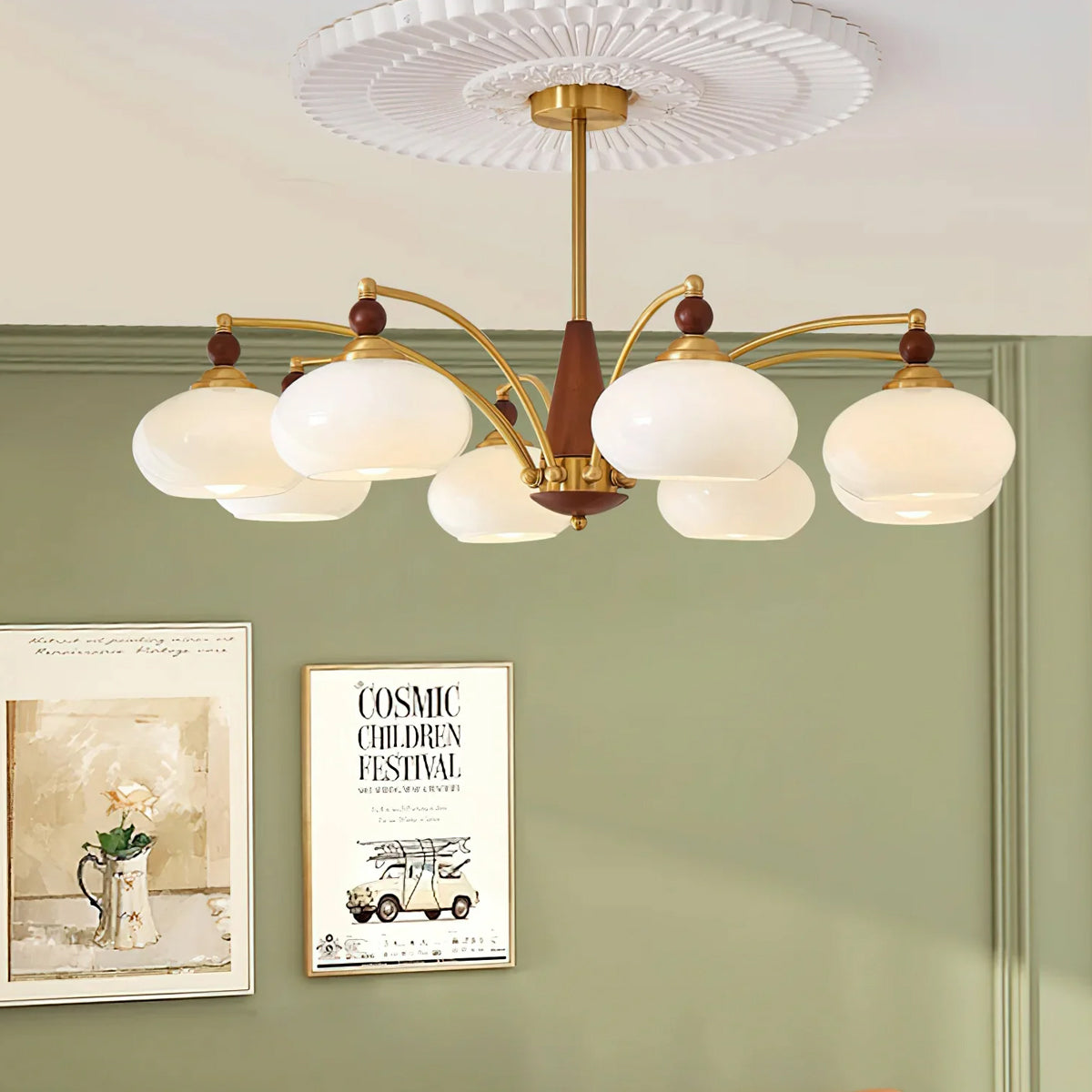Retro Calliope Kroonluchter – Metalen Hanglamp met Glazen Kappen – 3, 5 of 8 Lichtpunten – Klassiek Vintage Design voor Eetkamer en Woonkamer | Sansoti