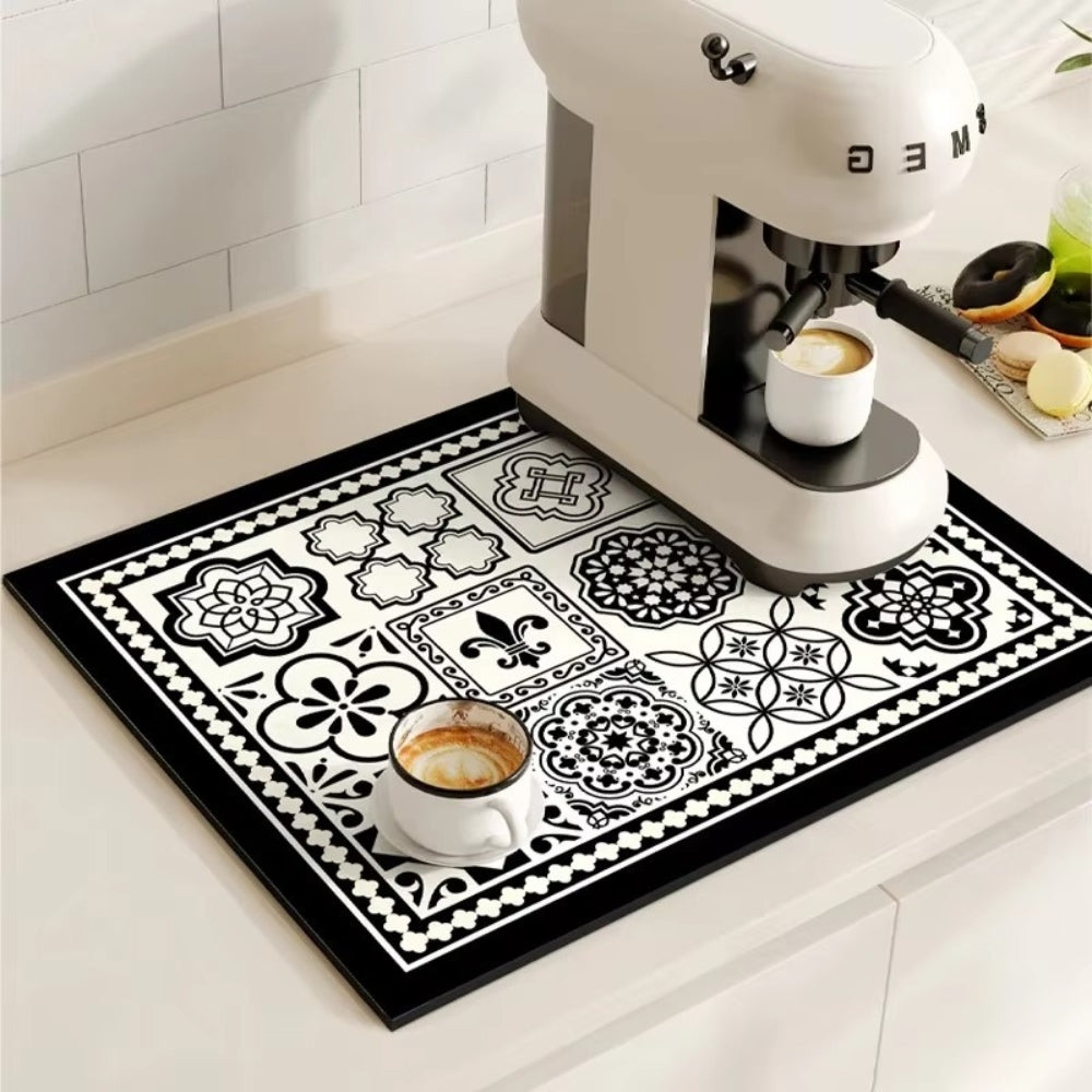Retro Design Absorberend Koffiemat – Sneldrogend Waterbestendig Rubber – Vintage Tegelmotief Droogmat voor Koffiehoek Aanrecht Vaatdroger | Sansoti