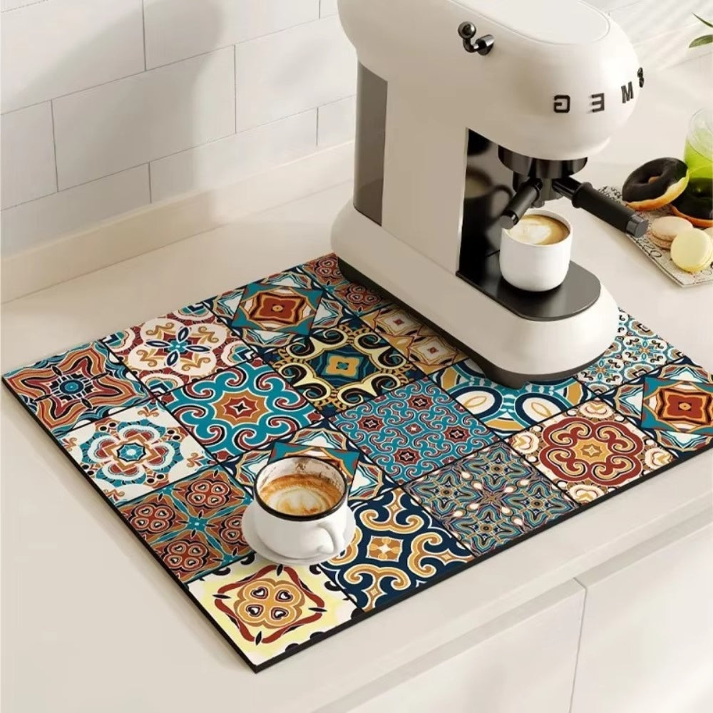 Retro Design Absorberend Koffiemat – Sneldrogend Waterbestendig Rubber – Vintage Tegelmotief Droogmat voor Koffiehoek Aanrecht Vaatdroger | Sansoti