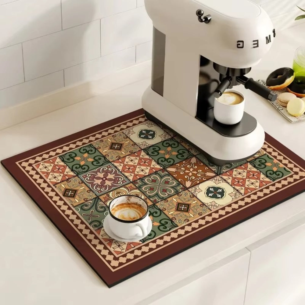 Retro Design Absorberend Koffiemat – Sneldrogend Waterbestendig Rubber – Vintage Tegelmotief Droogmat voor Koffiehoek Aanrecht Vaatdroger | Sansoti