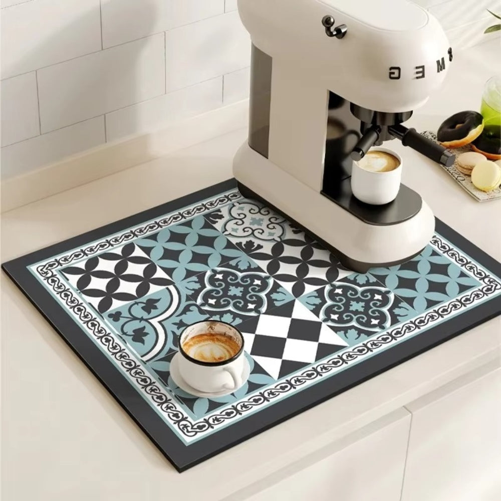 Retro Design Absorberend Koffiemat – Sneldrogend Waterbestendig Rubber – Vintage Tegelmotief Droogmat voor Koffiehoek Aanrecht Vaatdroger | Sansoti