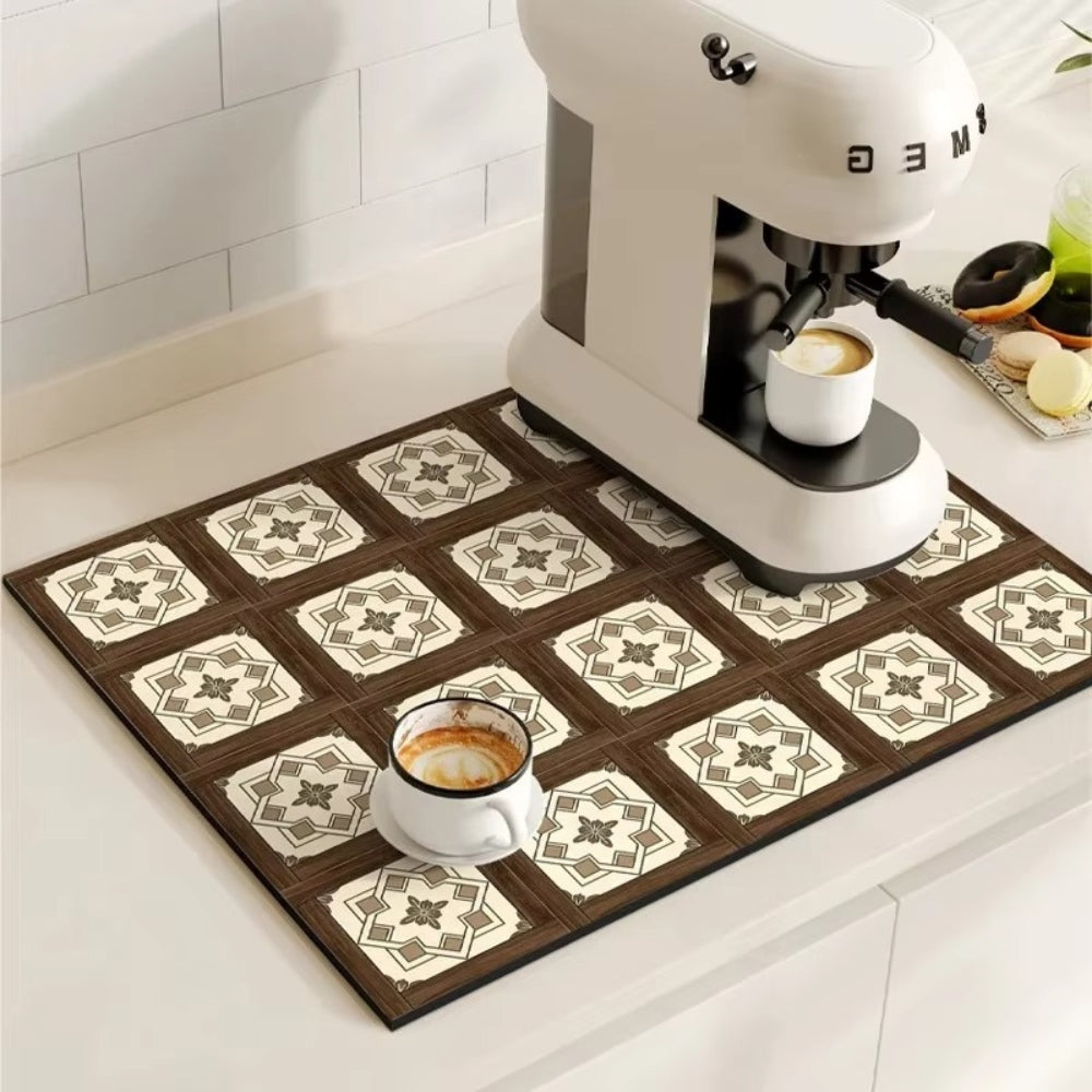 Retro Design Absorberend Koffiemat – Sneldrogend Waterbestendig Rubber – Vintage Tegelmotief Droogmat voor Koffiehoek Aanrecht Vaatdroger | Sansoti
