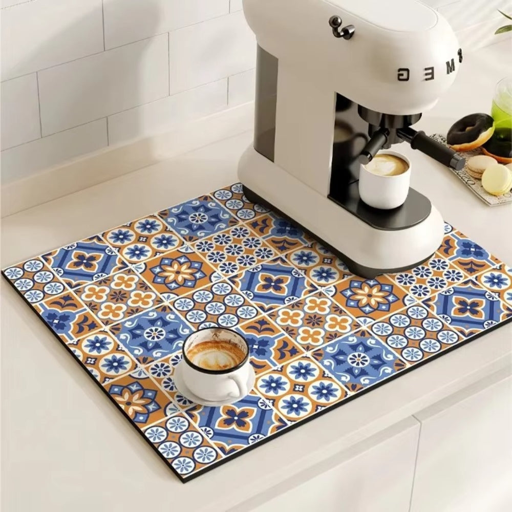 Retro Design Absorberend Koffiemat – Sneldrogend Waterbestendig Rubber – Vintage Tegelmotief Droogmat voor Koffiehoek Aanrecht Vaatdroger | Sansoti