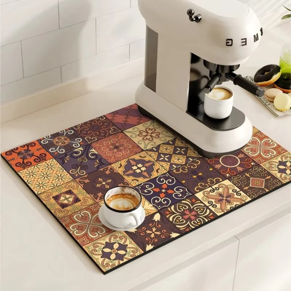 Retro Design Absorberend Koffiemat – Sneldrogend Waterbestendig Rubber – Vintage Tegelmotief Droogmat voor Koffiehoek Aanrecht Vaatdroger | Sansoti