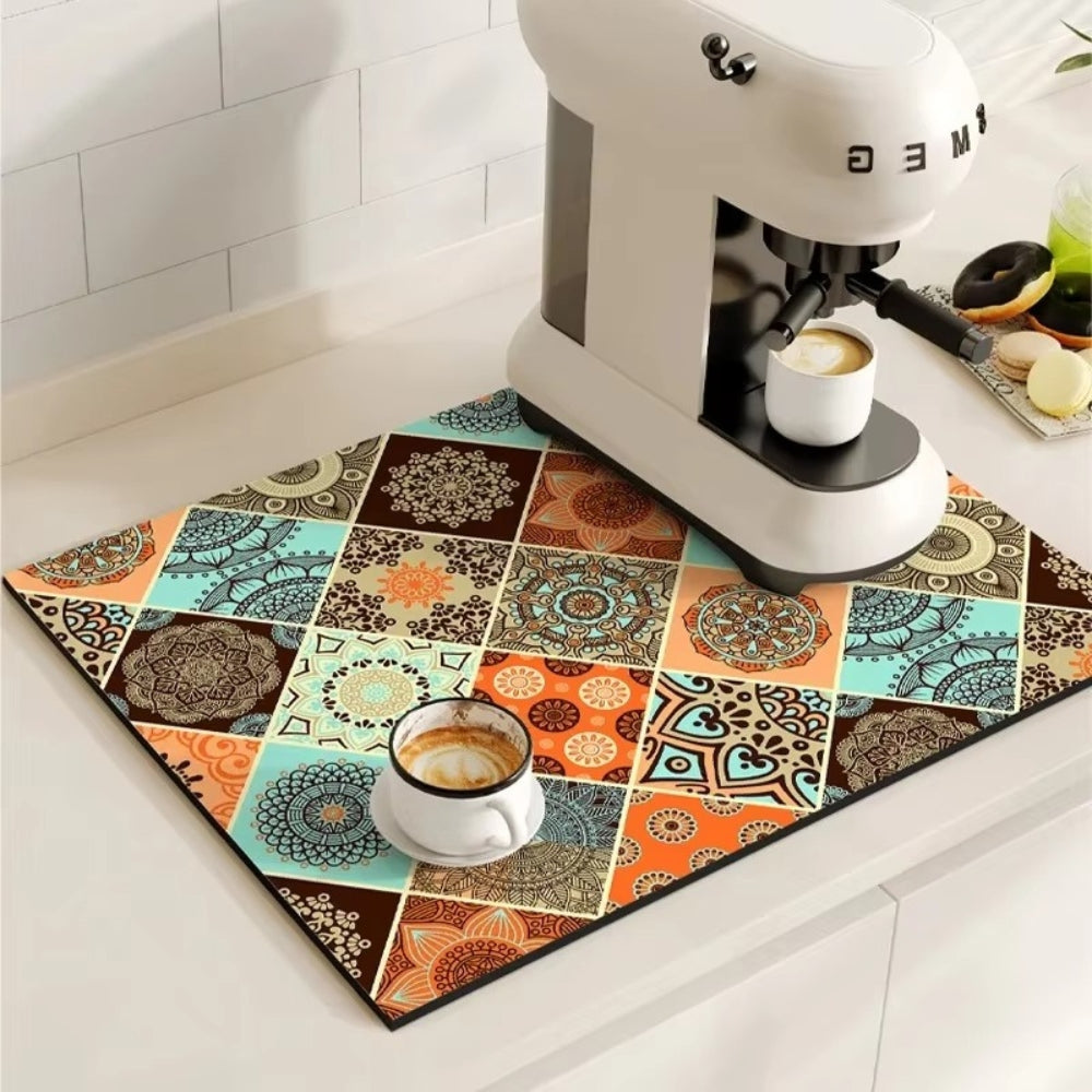 Retro Design Absorberend Koffiemat – Sneldrogend Waterbestendig Rubber – Vintage Tegelmotief Droogmat voor Koffiehoek Aanrecht Vaatdroger | Sansoti
