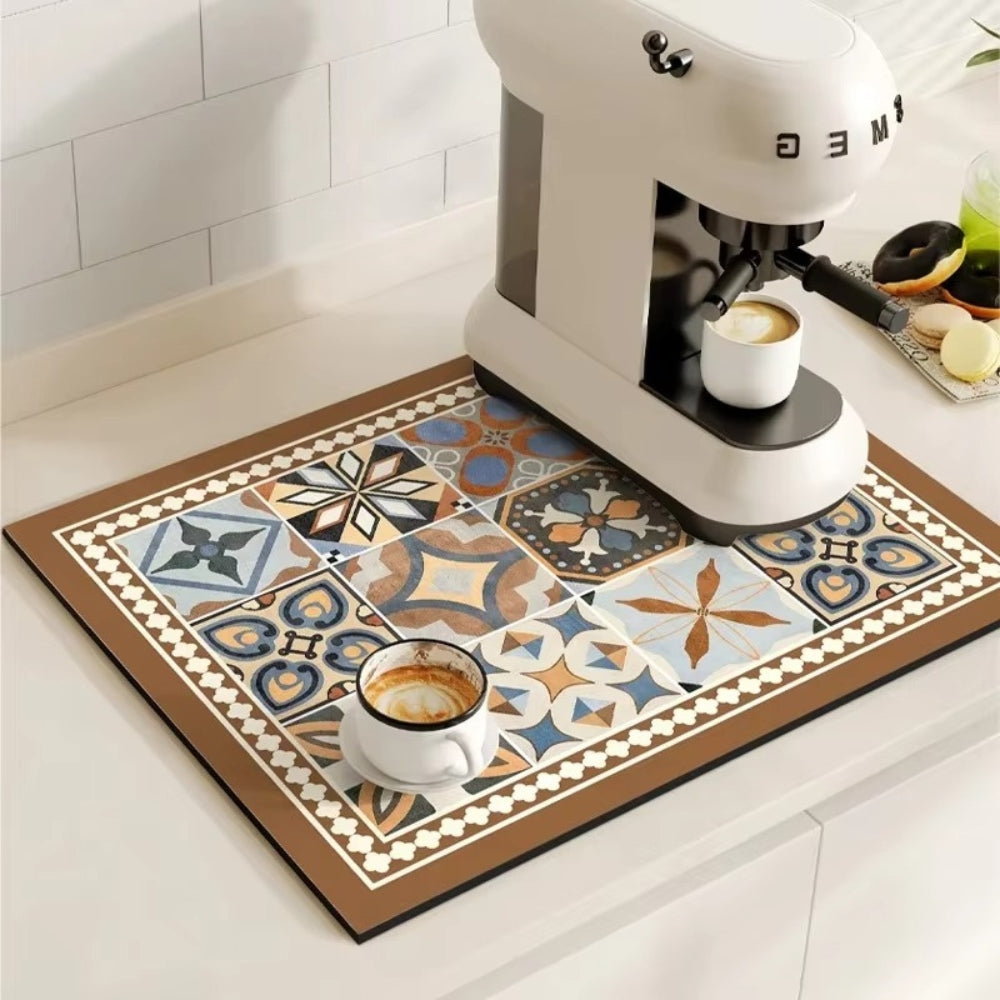 Retro Design Absorberend Koffiemat – Sneldrogend Waterbestendig Rubber – Vintage Tegelmotief Droogmat voor Koffiehoek Aanrecht Vaatdroger | Sansoti