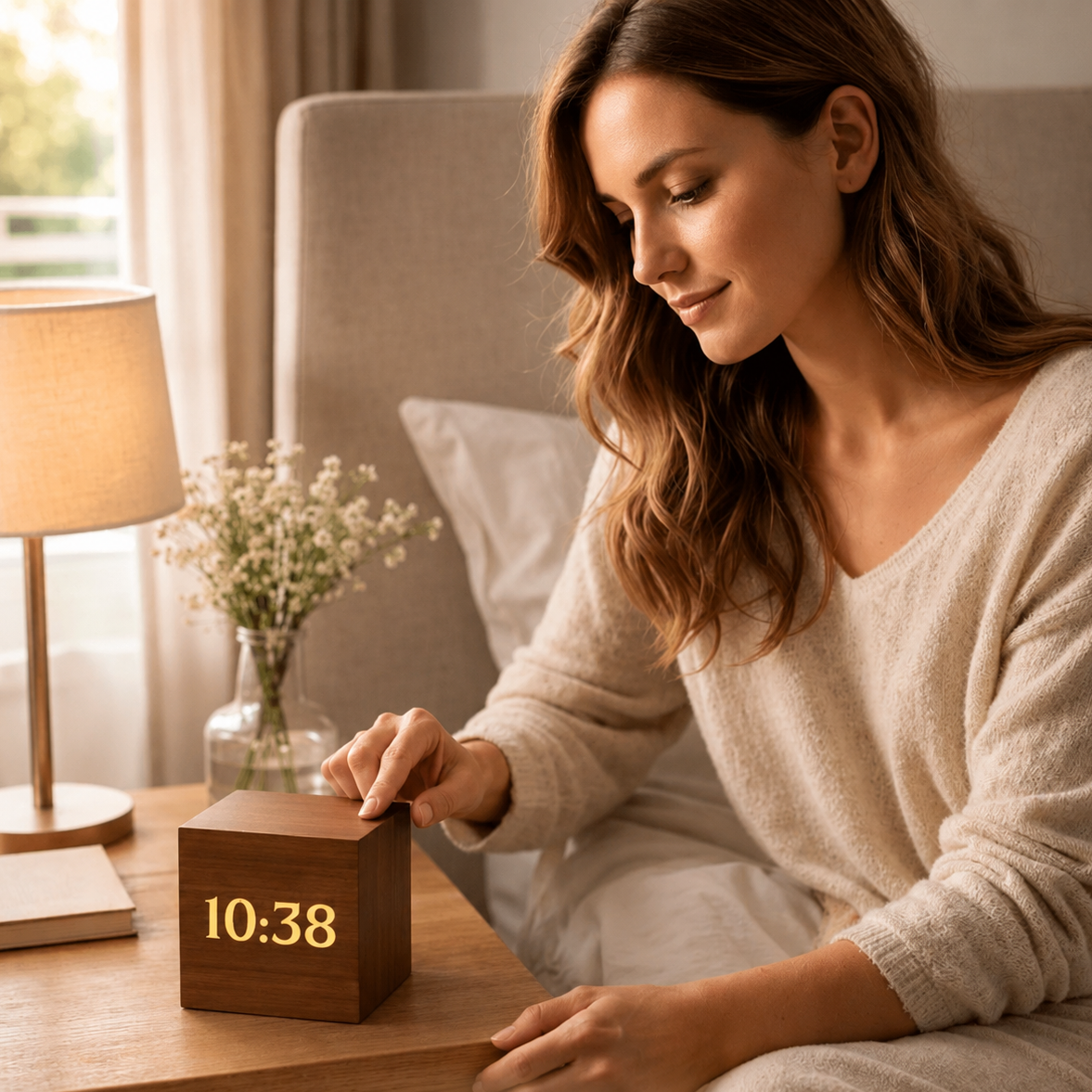 Digitaler Wecker in Würfelform in Holzoptik mit LED-Display, Geräuschaktivierung, Alarm, Temperaturanzeige und Timer für Schlafzimmer und Büro | Sansoti
