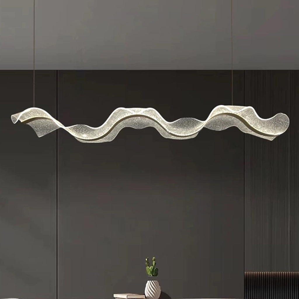 Lustre en acrylique en forme de ruban ondulé doré, LED à intensité variable, 100-220 cm, pour salle à manger et salon, design moderne luxueux | Sansoti