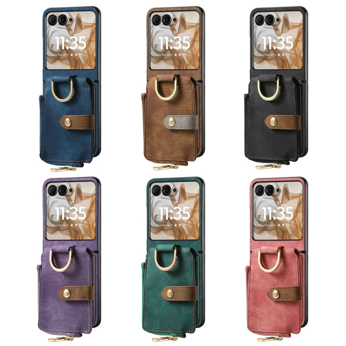 Opvouwbare Telefoonhoes met Rits Kaarthouder PU-Leer Zwart Bruin Groen Blauw Roze Paars Portemonnee Stijl | Sansoti