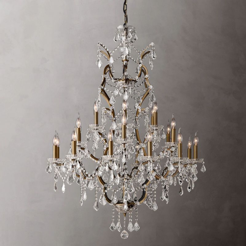 Lustre rond en fer et cristal, 102 cm, laiton antique, brun rouille, 25 sources lumineuses, dimmable, pour salle à manger et salon | Sansoti